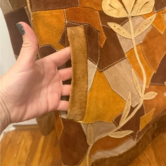 Vintage Flower Power Festival Patchwork Suede Jacket Poncho Bird Brown & Camel - Picture 10 of 12